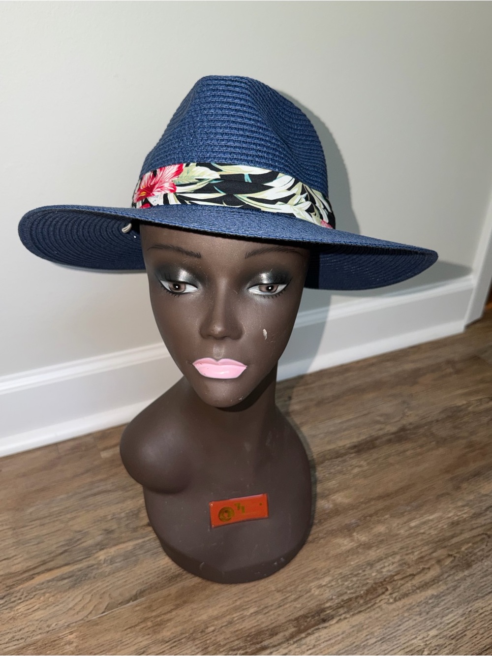 Women's Navy Straw Fedora Hat with Floral Band💓 NEW